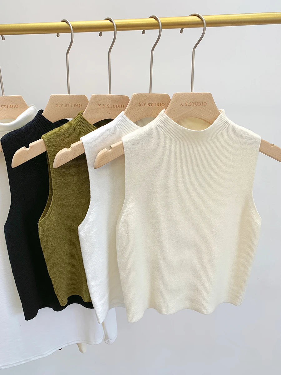 Ribbed Sleeveless High Neck Knit Top