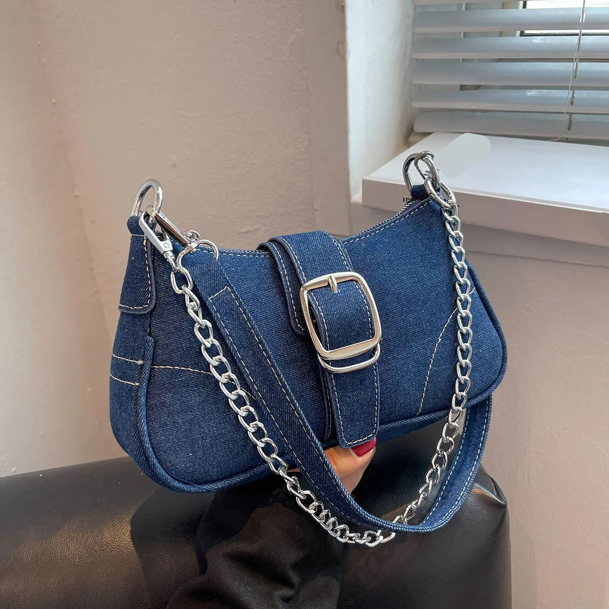 Demin Shoulder Bag With Chain Detail- Small Crossbody Design